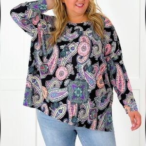 Plus Size Paisley Round Neck Long Sleeve Top